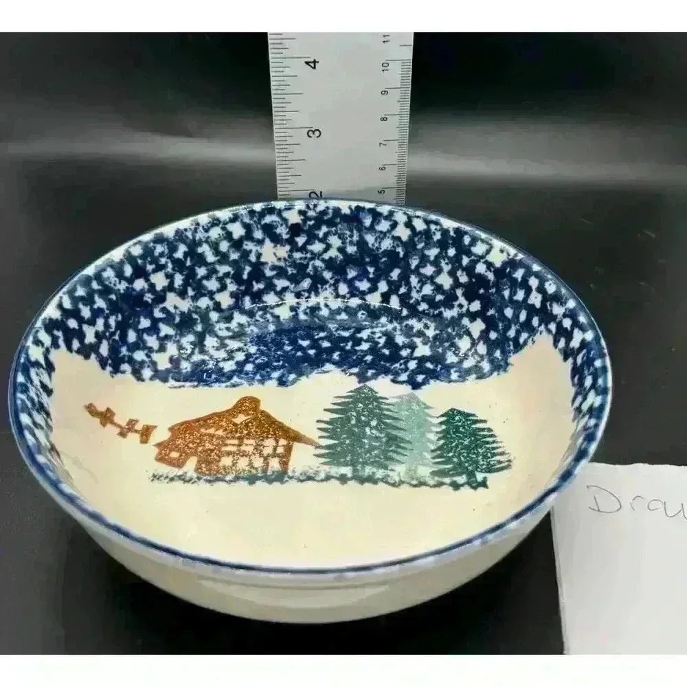 Thompson Pottery Hand Painted Moose Small Plate + Cereal Bowl Sponge Painting